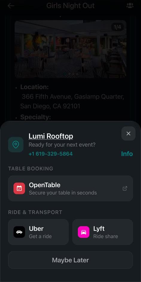 Uber, Lyft, and OpenTable integration